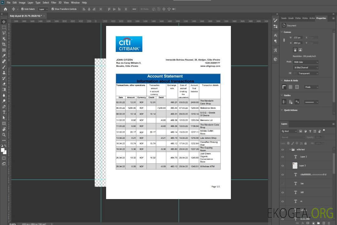 Côte d'Ivoire Relevé bancaire Citibank xls template